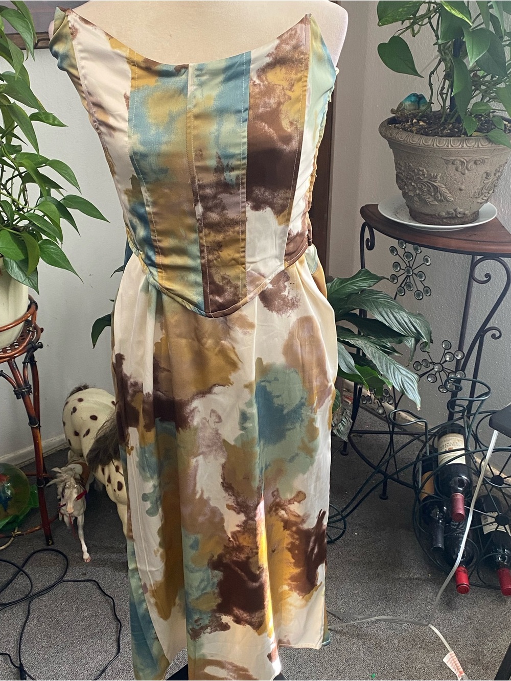 Fashion Nova Strapless Watercolor Satin Top/Midi Skirt in Olive, Brown & Cream